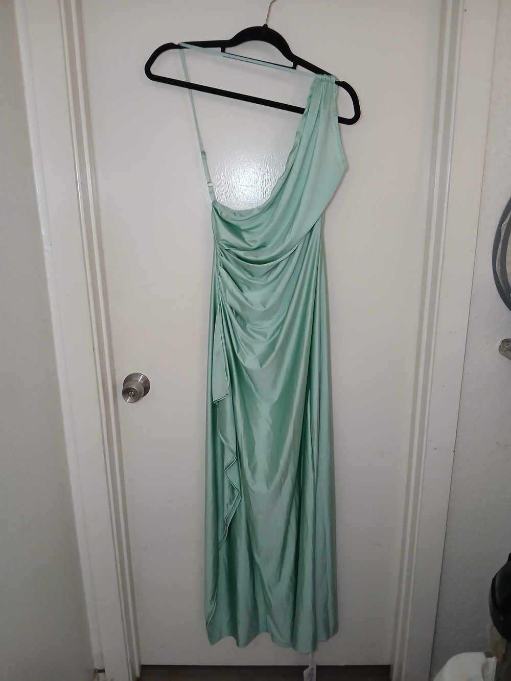 One-Shoulder Satin Maxi Dress in Mint Green